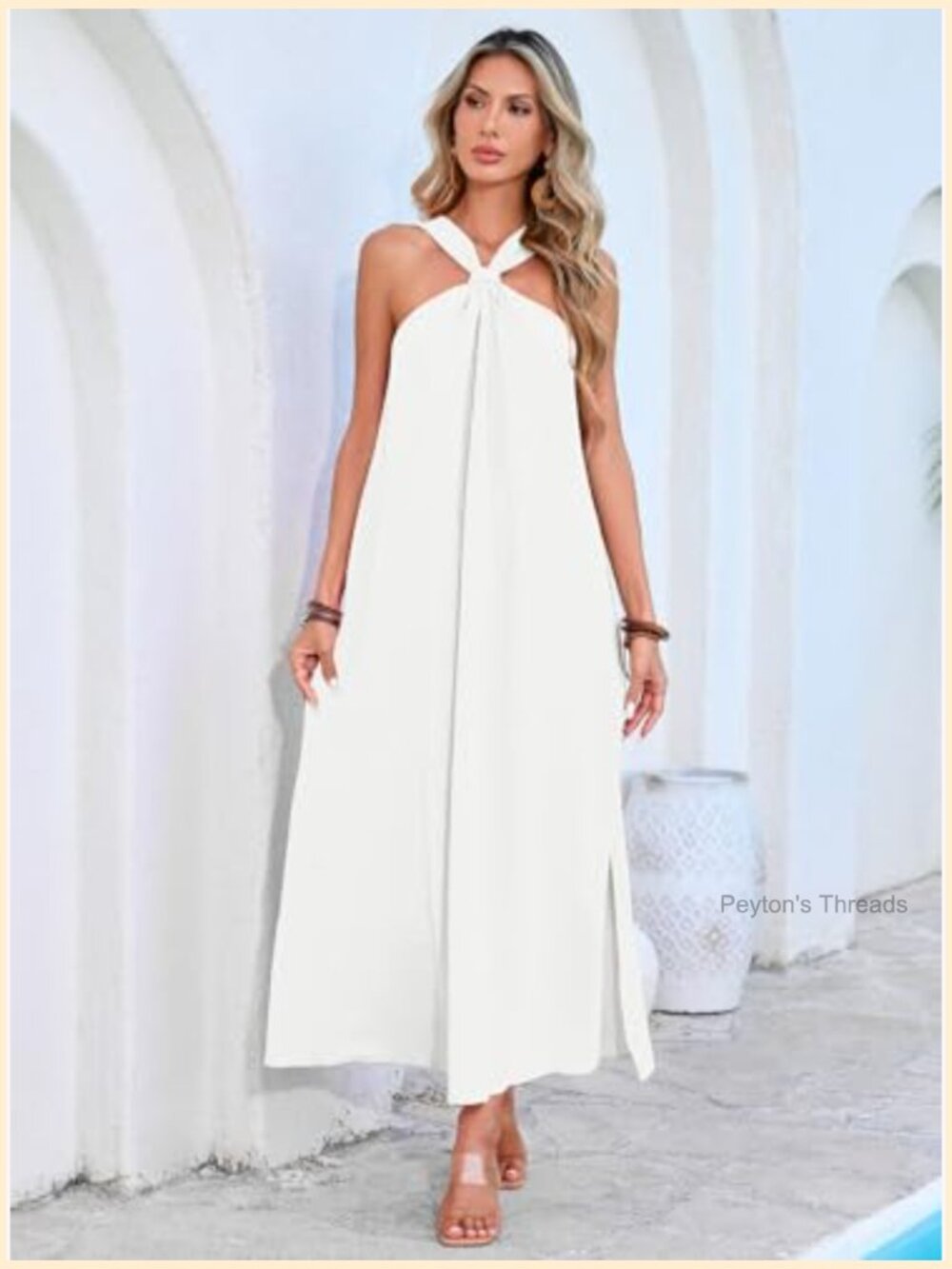 Sleeveless Halter Maxi Dress Casual Loose Flowy Side Slit Summer Vacation Beach - Picture 3 of 7